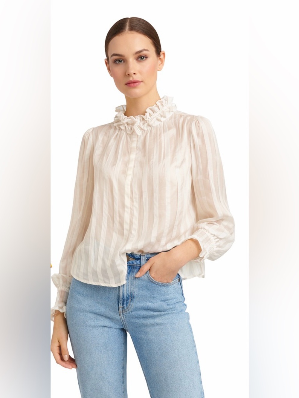 Vintage Courtenay Size 10 Cream Sheer Ruffle Neck Blouse